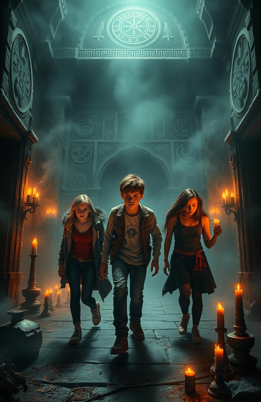 In a haunted temple shrouded in mist, three teenagers - one teenage boy and two teenage girls - cautiously explore its eerie interior