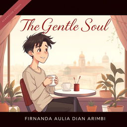 An aesthetic book cover illustration for a romantic novel featuring an animated male character sitting leisurely while enjoying a cup of coffee