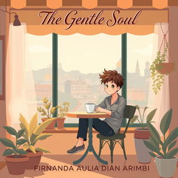 An aesthetic book cover illustration for a romantic novel featuring an animated male character sitting leisurely while enjoying a cup of coffee