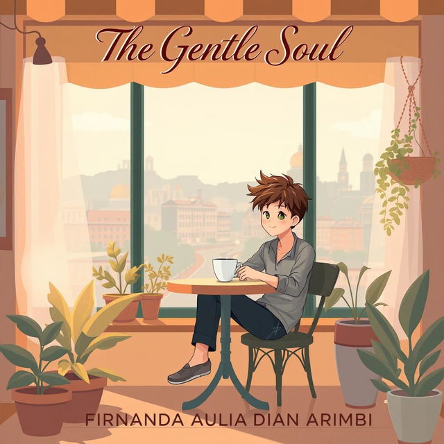 An aesthetic book cover illustration for a romantic novel featuring an animated male character sitting leisurely while enjoying a cup of coffee