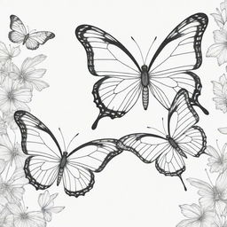 A captivating, two-dimensional black and white outline of graceful butterflies for a colouring page.