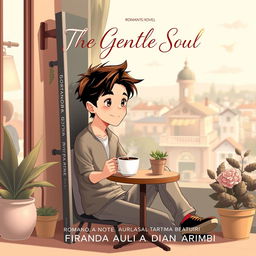 An aesthetic book cover illustration for a romantic novel featuring an animated male character sitting leisurely while enjoying a cup of coffee