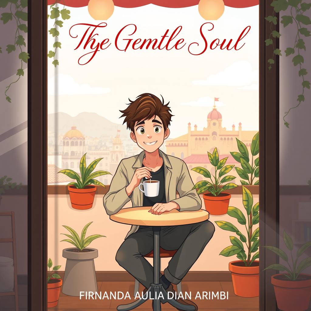 An aesthetic book cover illustration for a romantic novel featuring an animated male character sitting leisurely while enjoying a cup of coffee