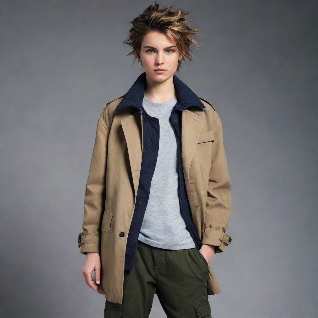 The energetic tomboy styled girl, more boyish than before. She now sports a large, rugged coat, cargo pants, and her hair is short and spiky.