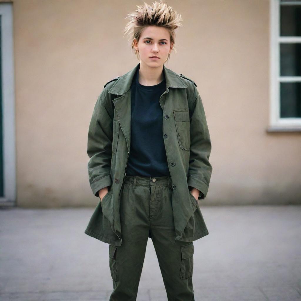 The energetic tomboy styled girl, more boyish than before. She now sports a large, rugged coat, cargo pants, and her hair is short and spiky.