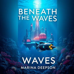 A visually striking book cover design for 'Beneath the Waves' by Marina Deepson, featuring an underwater sci-fi theme