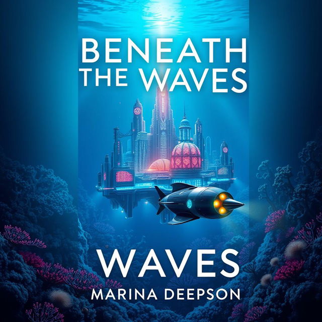 A visually striking book cover design for 'Beneath the Waves' by Marina Deepson, featuring an underwater sci-fi theme