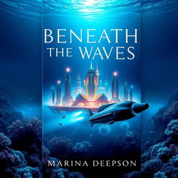 A visually striking book cover design for 'Beneath the Waves' by Marina Deepson, featuring an underwater sci-fi theme