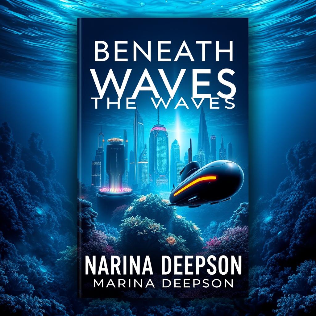 A visually striking book cover design for 'Beneath the Waves' by Marina Deepson, featuring an underwater sci-fi theme