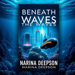 A visually striking book cover design for 'Beneath the Waves' by Marina Deepson, featuring an underwater sci-fi theme