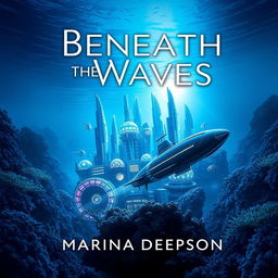 A visually striking book cover design for 'Beneath the Waves' by Marina Deepson, featuring an underwater sci-fi theme