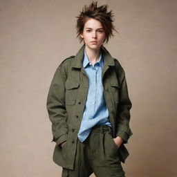 The energetic tomboy styled girl, more boyish than before. She now sports a large, rugged coat, cargo pants, and her hair is short and spiky.