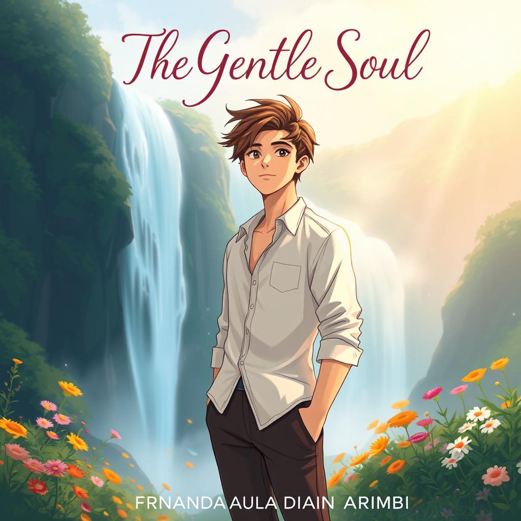 An aesthetic book cover illustration for a romantic novel featuring an animated male character standing confidently in front of a breathtaking waterfall