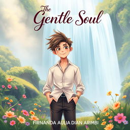 An aesthetic book cover illustration for a romantic novel featuring an animated male character standing confidently in front of a breathtaking waterfall