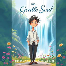 An aesthetic book cover illustration for a romantic novel featuring an animated male character standing confidently in front of a breathtaking waterfall