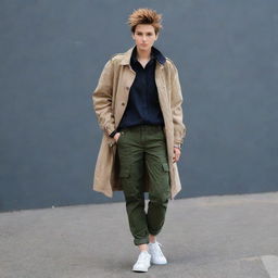 The energetic tomboy styled girl, more boyish than before. She now sports a large, rugged coat, cargo pants, and her hair is short and spiky.