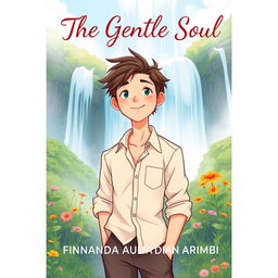 An aesthetic book cover illustration for a romantic novel featuring an animated male character standing confidently in front of a breathtaking waterfall
