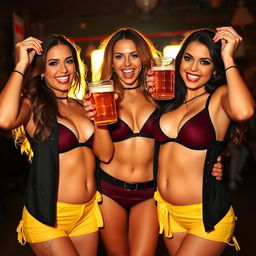 Three young women dressed in sexy outfits, featuring large cleavage and exaggeratedly large breasts, joyfully holding beer mugs