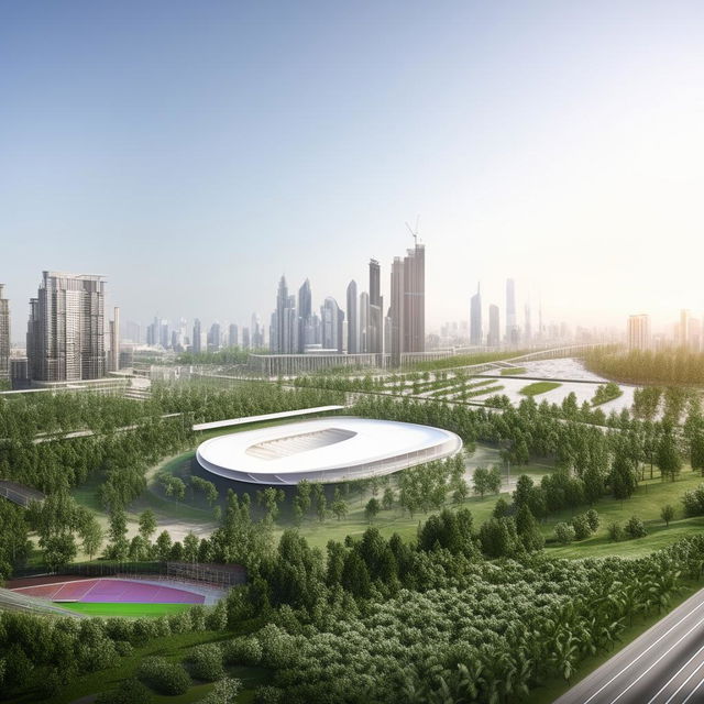 An architecturally advanced indoor stadium, surrounded by a lush green park with walking trails and thriving cityscape in the background, showcasing the integration of the stadium with its urban environment.