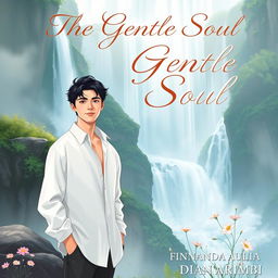 An aesthetic book cover illustration for a romantic novel featuring an attractive Chinese male character standing confidently in front of a breathtaking waterfall