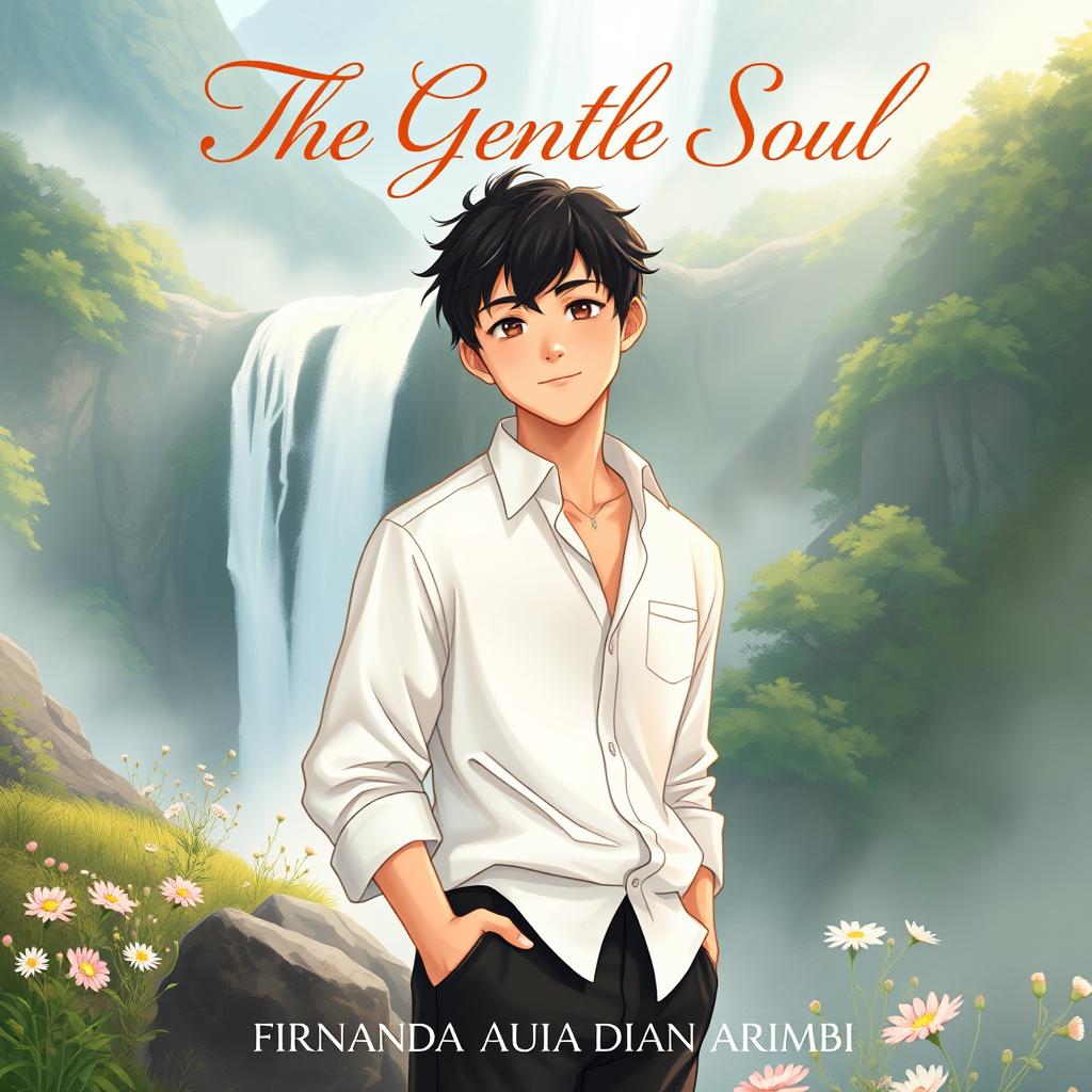 An aesthetic book cover illustration for a romantic novel featuring an attractive Chinese male character standing confidently in front of a breathtaking waterfall