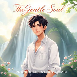 An aesthetic book cover illustration for a romantic novel featuring an attractive Chinese male character standing confidently in front of a breathtaking waterfall