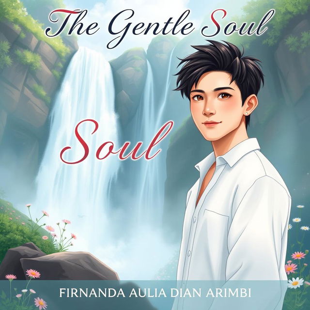 An aesthetic book cover illustration for a romantic novel featuring an attractive Chinese male character standing confidently in front of a breathtaking waterfall