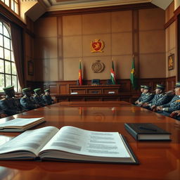 A courtroom scene set in Angola, featuring the interior of a military tribunal