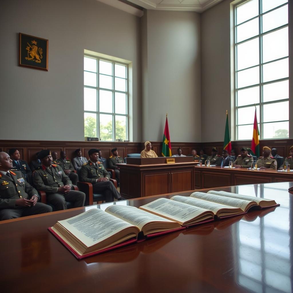 A courtroom scene set in Angola, featuring the interior of a military tribunal