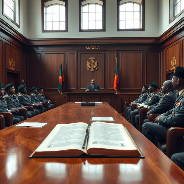 A courtroom scene set in Angola, featuring the interior of a military tribunal