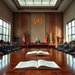 A courtroom scene set in Angola, featuring the interior of a military tribunal