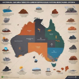 An infographic depicting Australia's rich natural resources including coal, iron ore, copper, gold, natural gas, uranium, and renewable energy sources