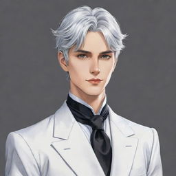 Create an anime-style drawing of a male lead from a transmigration novel. He has short silver hair, cat-like silver eyes, a large build, slim waist, broad shoulders, a defined jawline, and a small, feminine face. He is tall and dressed elegantly like a Duke.