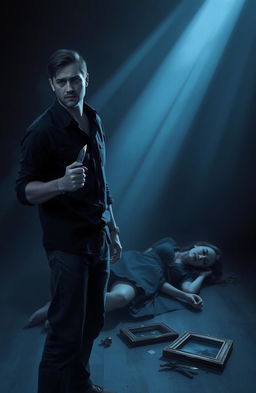 A dramatic and intense scene depicting a dimly lit room with shadows cast on the walls