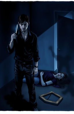 A dramatic and intense scene depicting a dimly lit room with shadows cast on the walls