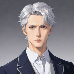 Create an anime-style drawing of a male lead from a transmigration novel. He has short silver hair, cat-like silver eyes, a large build, slim waist, broad shoulders, a defined jawline, and a small, feminine face. He is tall and dressed elegantly like a Duke.