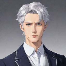 Create an anime-style drawing of a male lead from a transmigration novel. He has short silver hair, cat-like silver eyes, a large build, slim waist, broad shoulders, a defined jawline, and a small, feminine face. He is tall and dressed elegantly like a Duke.