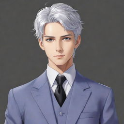 Create an anime-style drawing of a male lead from a transmigration novel. He has short silver hair, cat-like silver eyes, a large build, slim waist, broad shoulders, a defined jawline, and a small, feminine face. He is tall and dressed elegantly like a Duke.