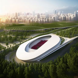 An architecturally advanced indoor stadium, surrounded by a lush green park with walking trails and thriving cityscape in the background, showcasing the integration of the stadium with its urban environment.