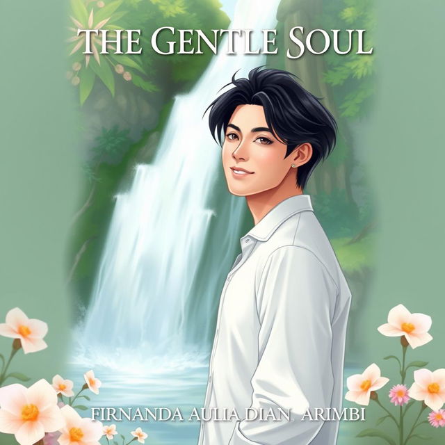 An aesthetic book cover illustration for a romantic novel featuring an attractive Chinese male character standing gracefully in front of a majestic waterfall