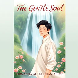 An aesthetic book cover illustration for a romantic novel featuring an attractive Chinese male character standing gracefully in front of a majestic waterfall