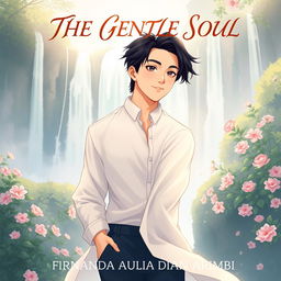 An aesthetic book cover illustration for a romantic novel featuring an attractive Chinese male character standing gracefully in front of a majestic waterfall