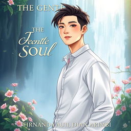 An aesthetic book cover illustration for a romantic novel featuring an attractive Chinese male character standing gracefully in front of a majestic waterfall