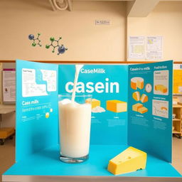 A vibrant educational display featuring the science of casein, emphasizing its role as a major protein found in milk