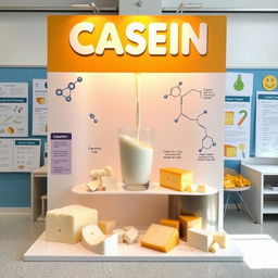 A vibrant educational display featuring the science of casein, emphasizing its role as a major protein found in milk