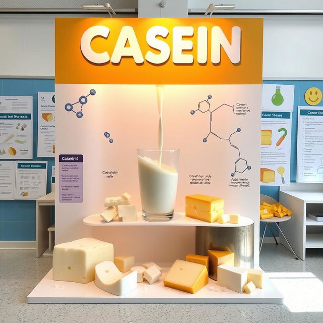 A vibrant educational display featuring the science of casein, emphasizing its role as a major protein found in milk