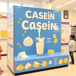 A vibrant educational display featuring the science of casein, emphasizing its role as a major protein found in milk