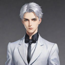 Create an anime-style drawing of a male lead from a transmigration novel. He has short silver hair, cat-like silver eyes, a large build, slim waist, broad shoulders, a defined jawline, and a small, feminine face. He is tall and dressed elegantly like a Duke.