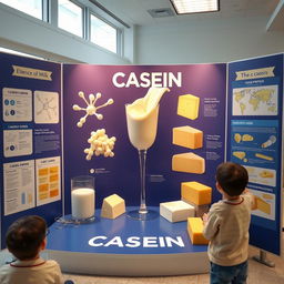 A vibrant educational display featuring the science of casein, emphasizing its role as a major protein found in milk