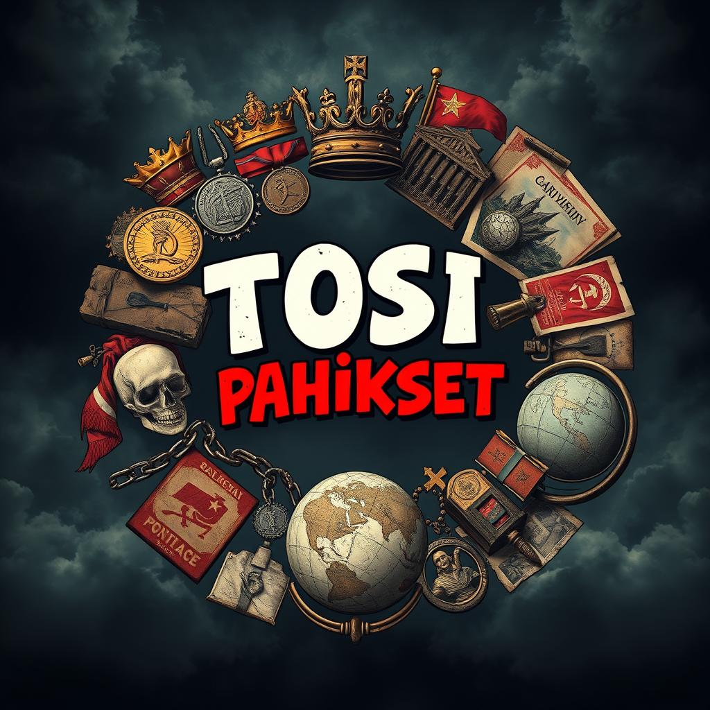 A portrait-oriented image featuring a circular arrangement of key symbols associated with power and control, including a crown, a throne, military medals, broken chains, skulls, ruined palaces, old propaganda posters, and a cracked globe